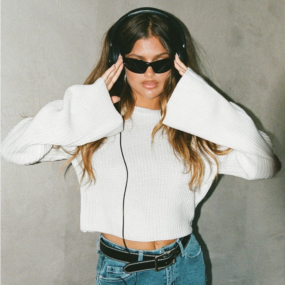 Princess Polly White Flare Bell Sleeve Cropped Ribbed Sweater - Picture 6 of 13